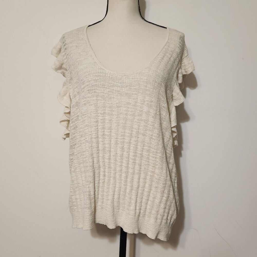 J Crew Knit Ribbed Linen Blend Short Sleeve White Ruffle Top 2XL Volup